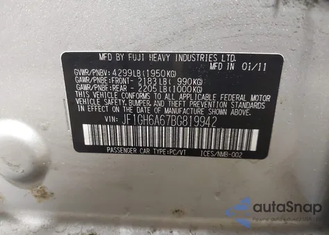 2011 Subaru Impreza 2.5I из США, поврежденный, VIN JF1GH6A67BG819942